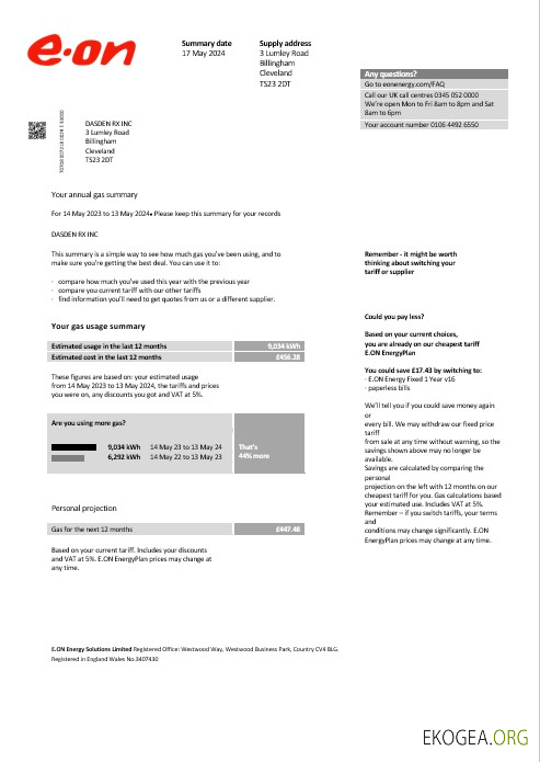 Royaume Uni Modèle de facture de services publics E.ON aux formats Word et PDF, version 2